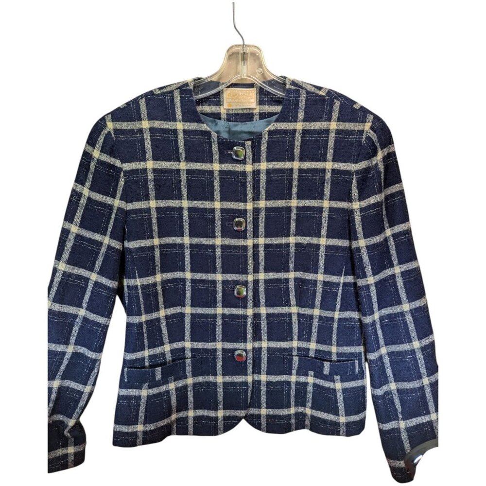 VTG Pendleton Women's Plaid 100% Virgin Wool Blazer Jacket Size 12 Navy & Cream